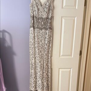 Tadashi Shoji Lace Overlay Dress in Cream and Gray